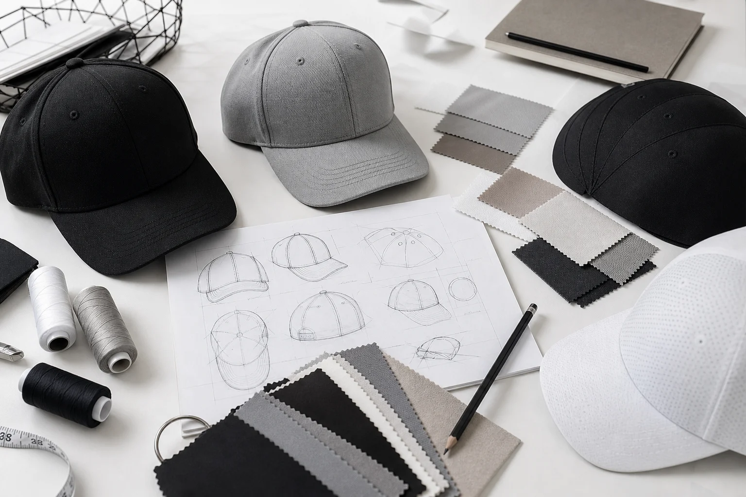Custom hats manufacturing insights with caps and fabric swatches